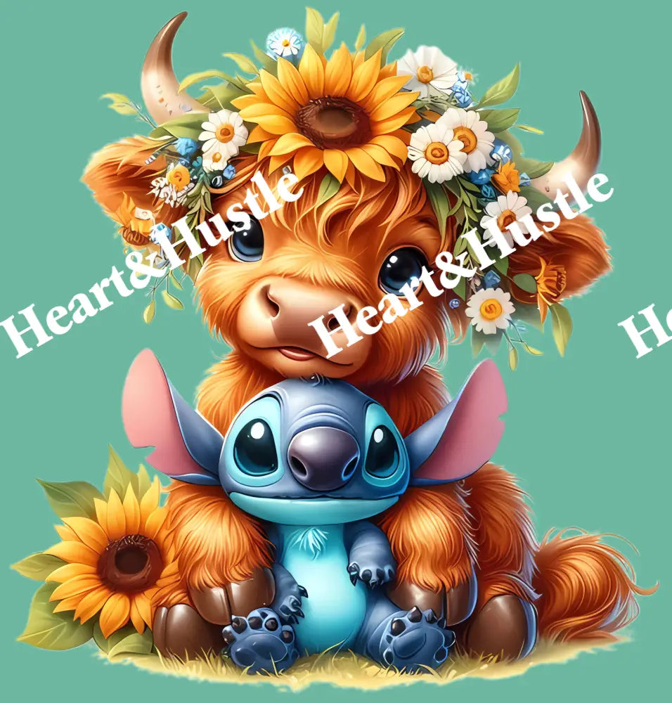 Highland Cow and Stitch Flowers