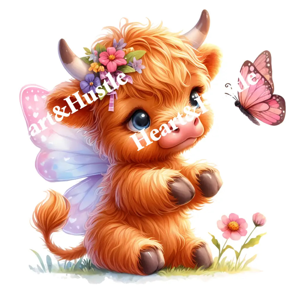 Highland Cow Sitting Down With Butterfly Wings