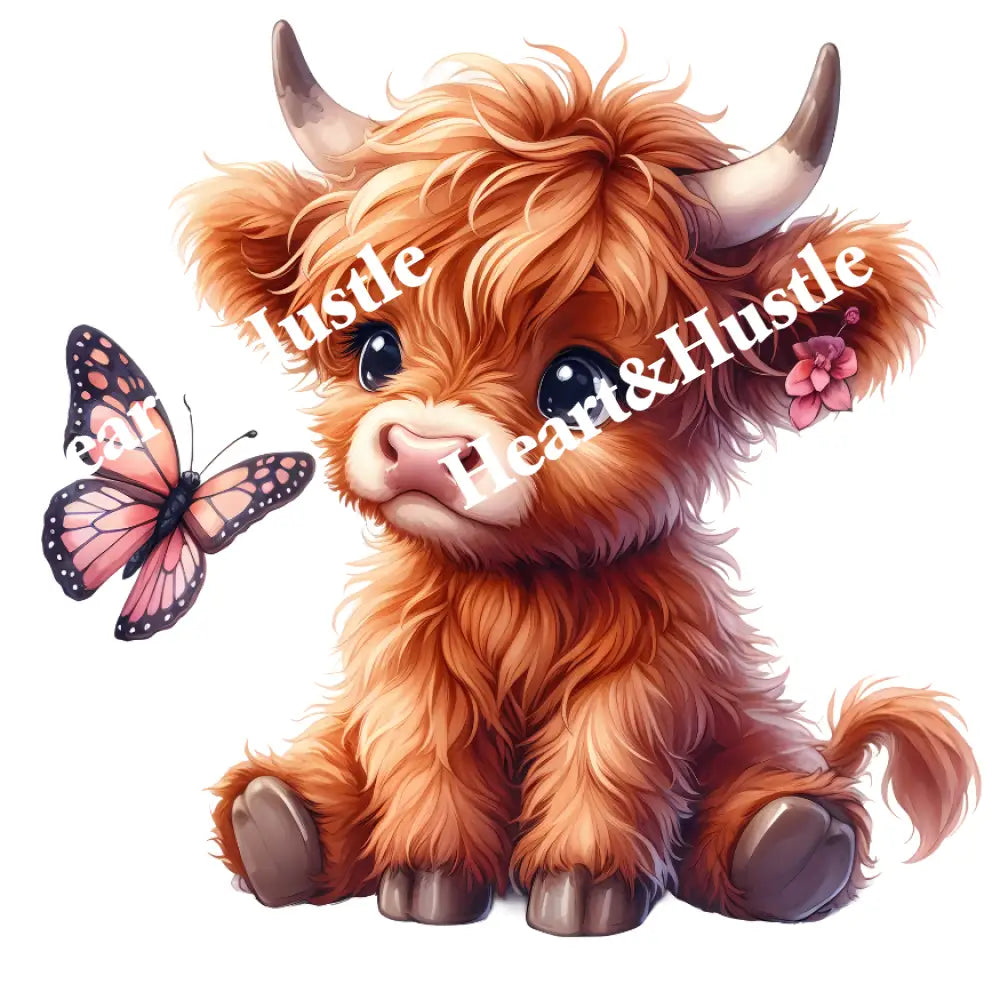 Highland Cow Sitting Looking At A Butterfly