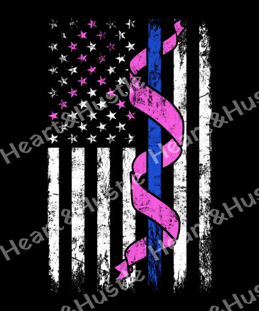 Blue Line Police US Flag Pink Ribbon Breast Cancer Awareness