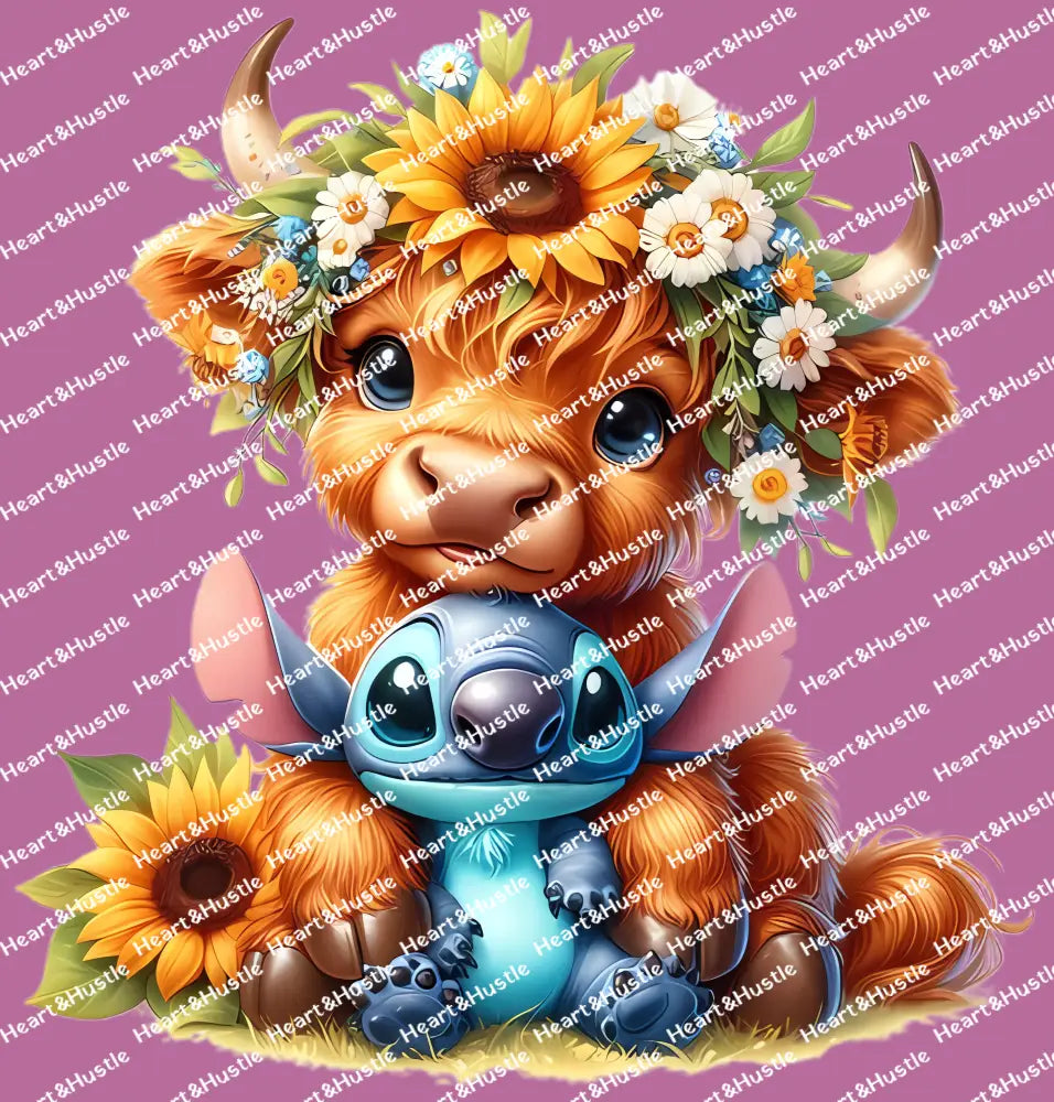 Highland Cow and Stitch Flowers