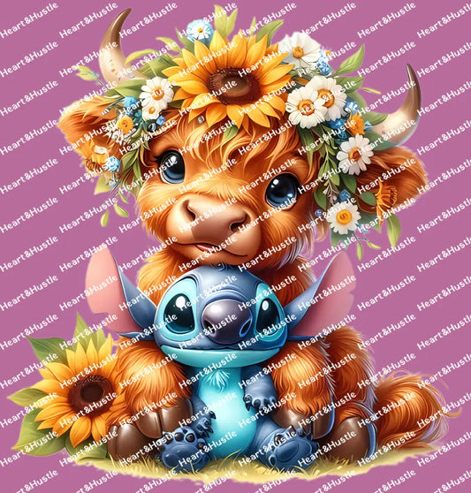 Highland Cow and Stitch Flowers