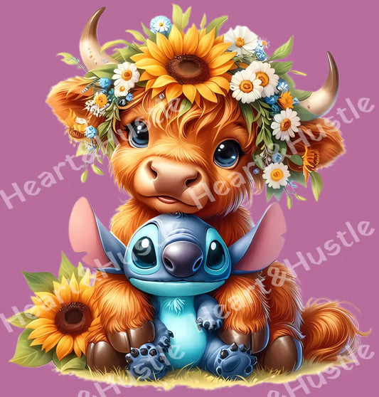 Highland Cow and Stitch Flowers