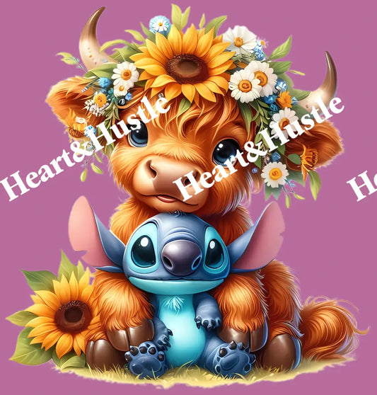 Highland Cow and Stitch Flowers
