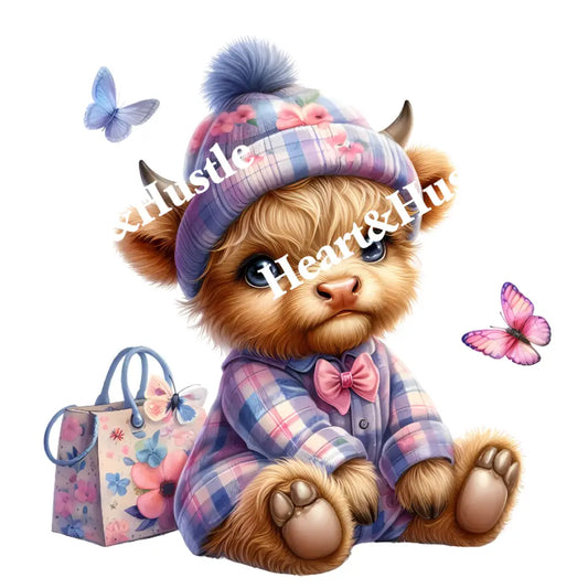 Highland Cow Beautiful Cow With Purple Beenie And Bag