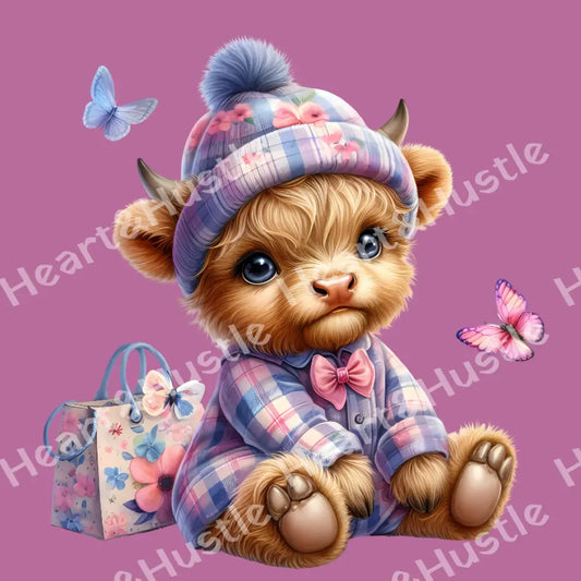 Highland Cow Beautiful Cow With Purple Beenie And Bag