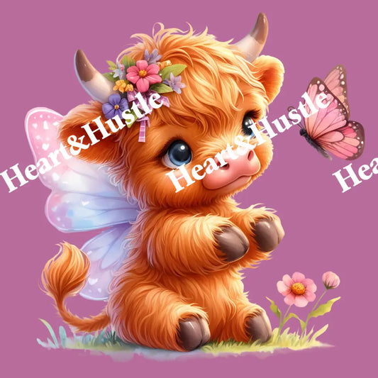 Highland Cow Sitting Down With Butterfly Wings