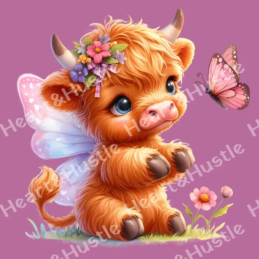 Highland Cow Sitting Down With Butterfly Wings
