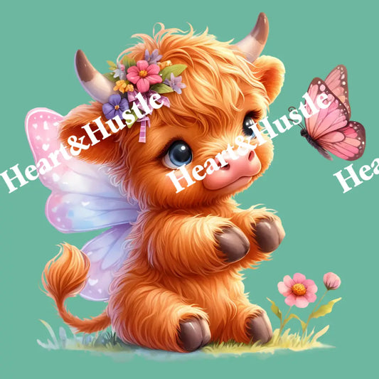 Highland Cow Sitting Down With Butterfly Wings