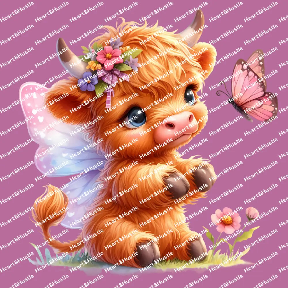 Highland Cow Sitting Down With Butterfly Wings