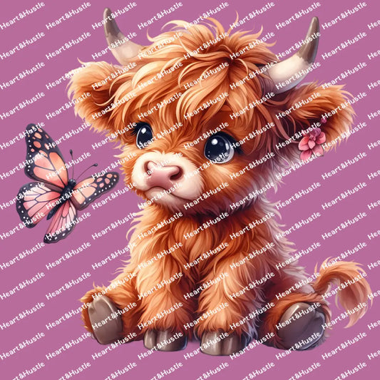 Highland Cow Sitting Looking At A Butterfly