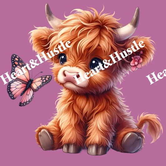 Highland Cow Sitting Looking At A Butterfly