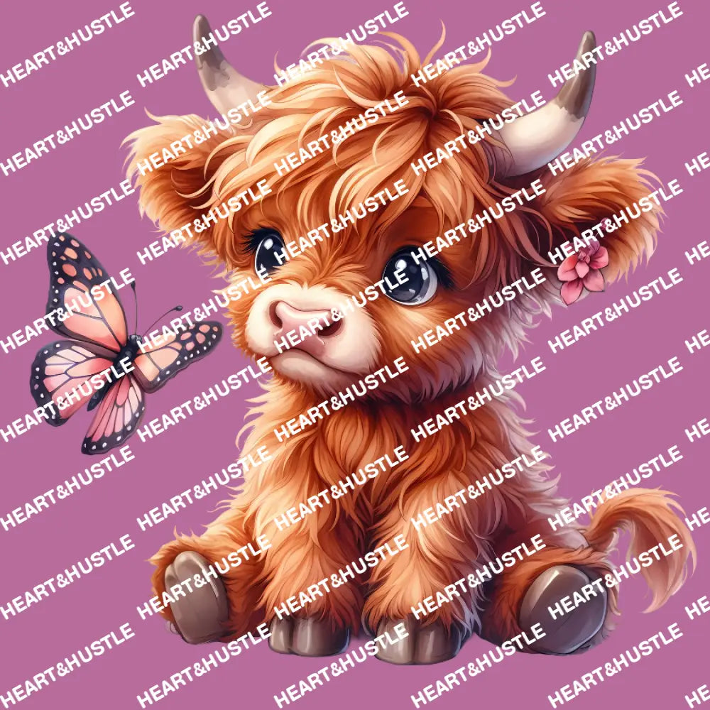 Highland Cow Sitting Looking At A Butterfly