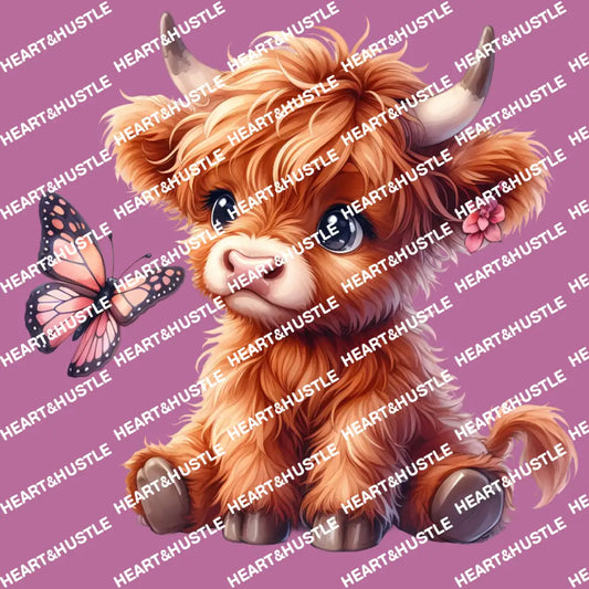 Highland Cow Sitting Looking At A Butterfly