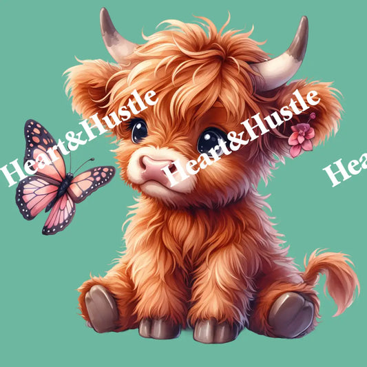 Highland Cow Sitting Looking At A Butterfly