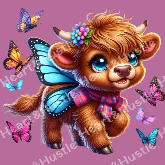 Highland Cow Walking With Butterfly Wings